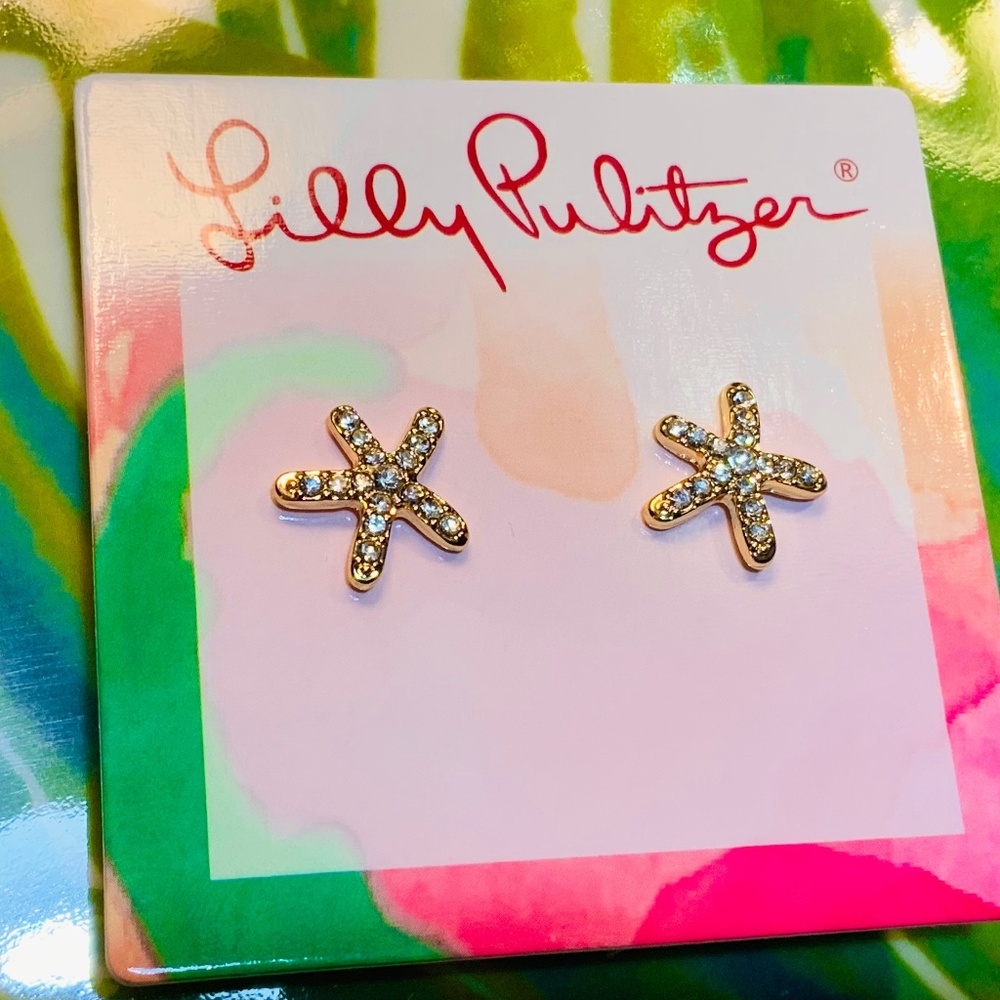 Lilly Pulitzer EARRINGS ⭐️SPARKLING GOLD PETITE STARFISH 🩷CRYSTAL PIERCED - Picture 3 of 6